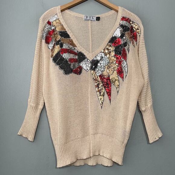 Vintage POL Lightweight Size L Beige Embellished Sequin Sweater Glam Grunge Goth - Picture 1 of 9